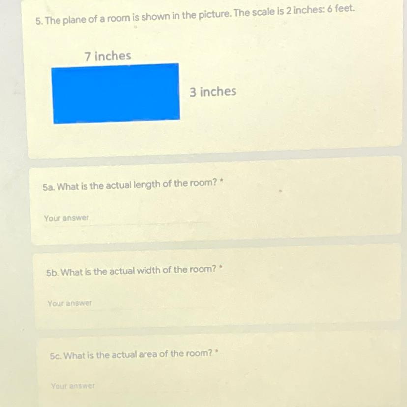 the plane of a room is shown in the picture. the scale is 2 inches: 6 feet. what is the actual length