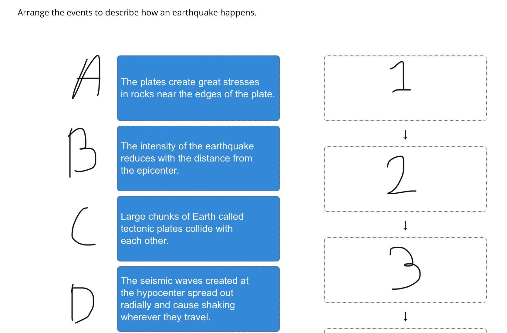 Arrange the events to describe how an earthquake happens. Help pls, links and irrelevant answers will