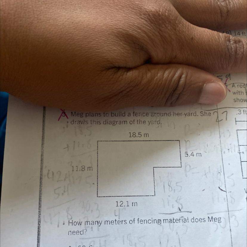 Meg plans to build a fence around her yard. She draws this diagram of the yard.How many meters of fencing