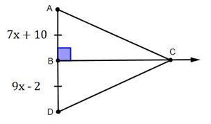 As shown in the diagram, BC is the perpendicular bisector of AD. Solve for BD. Show your work.
