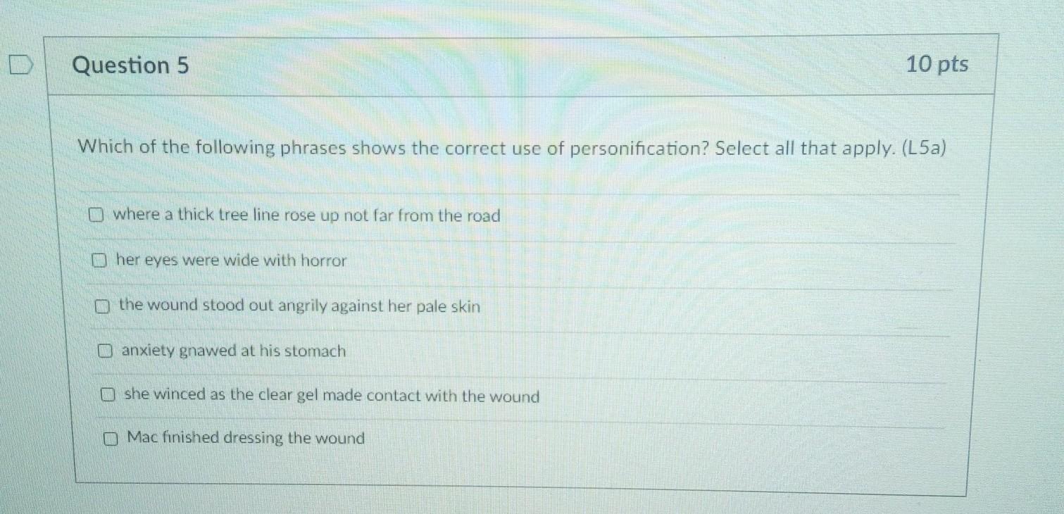 which of the following phrases shows the correct use of personificaton? select all that apply.