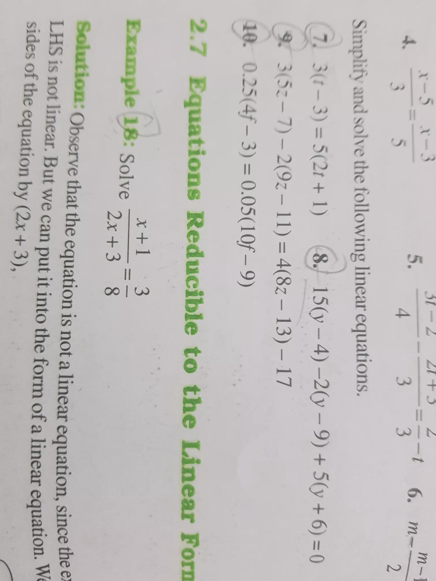  simplify and solve the following linear equations.15 (Y - 4 - 2) Y - 9 + 5 (Y + 6)=0