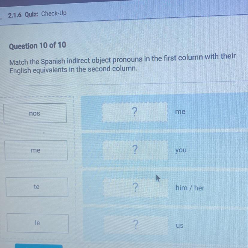 Match the Spanish indirect object pronouns in the first column with their English equivalents in the