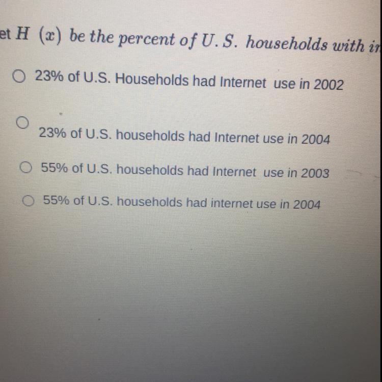 Let H (x) be the percent of U.S. households with internet use x years after 1980. Explain the meaning