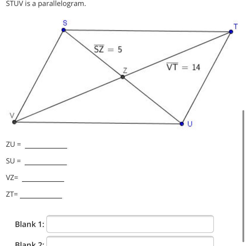 STUV is a parallelogram.STSZ = 5VT = 14NUZU =SU =VZ=ZT=Blank 1:Blank 2:Blank 3:Blank 4: