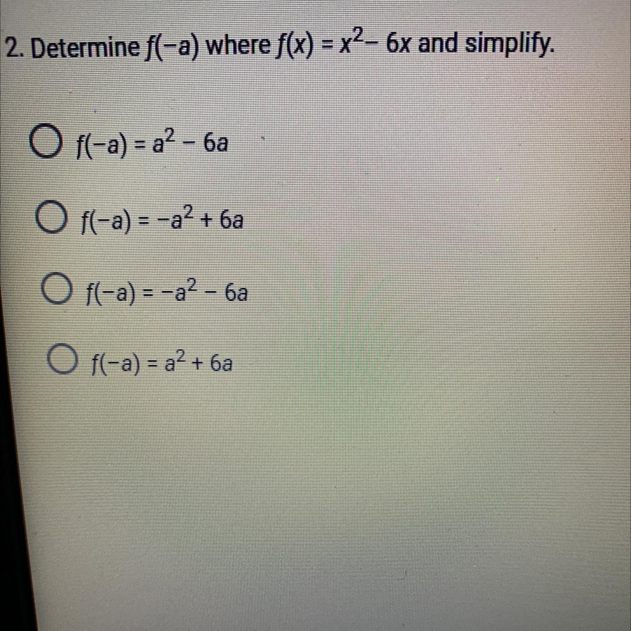 Determine F of a where f(x) equals X to the second power minus 6X in simplify