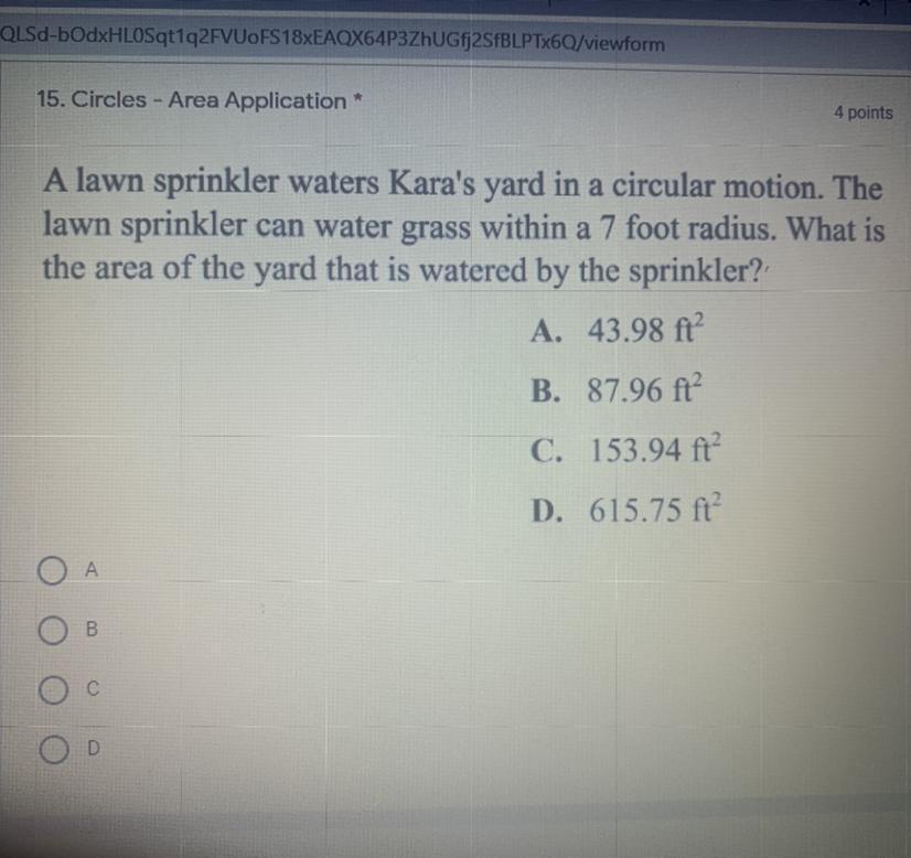 A lawn sprinkler waters Kara's yard in a circular motion. Thelawn sprinkler can water grass within a