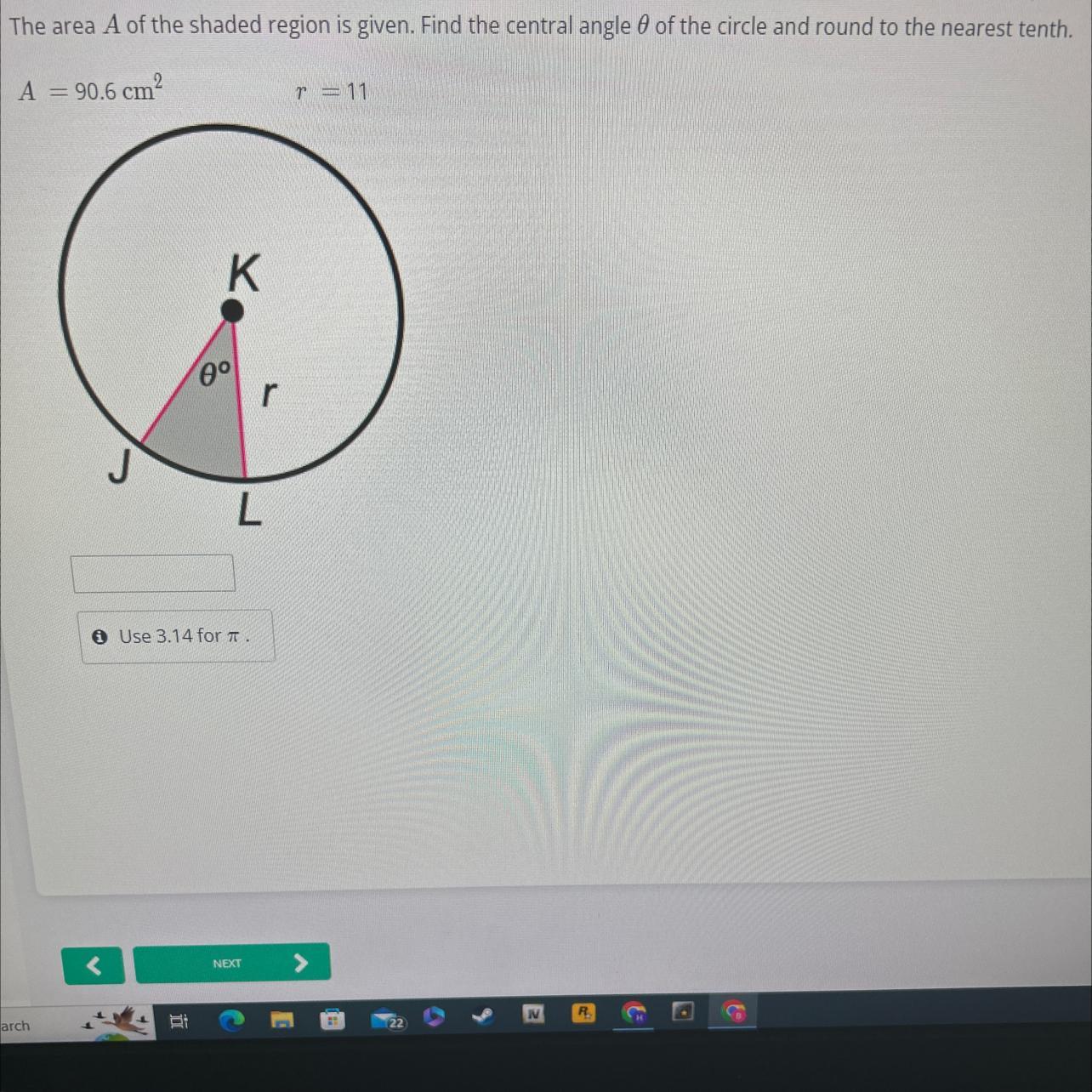 The area of A of the shaded region is given