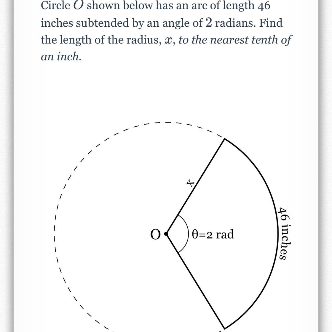 arc length, radius, &amp; central angles (deg. &amp; rad.)