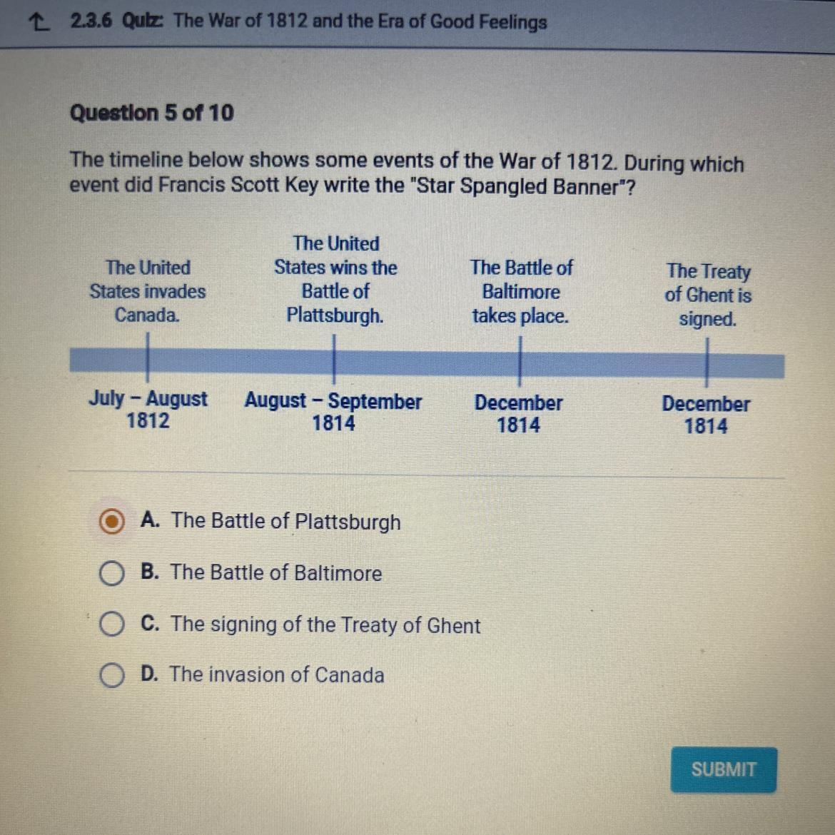 The Timeline Below Shows Some Events Of The War Of 1812. During Whichevent Did Francis Scott Key Write