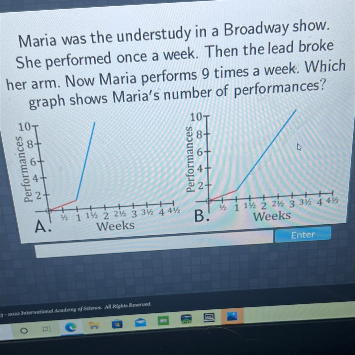 Maria was the understudy in a Broadway show.She performed once a week. Then the lead brokeher arm. Now