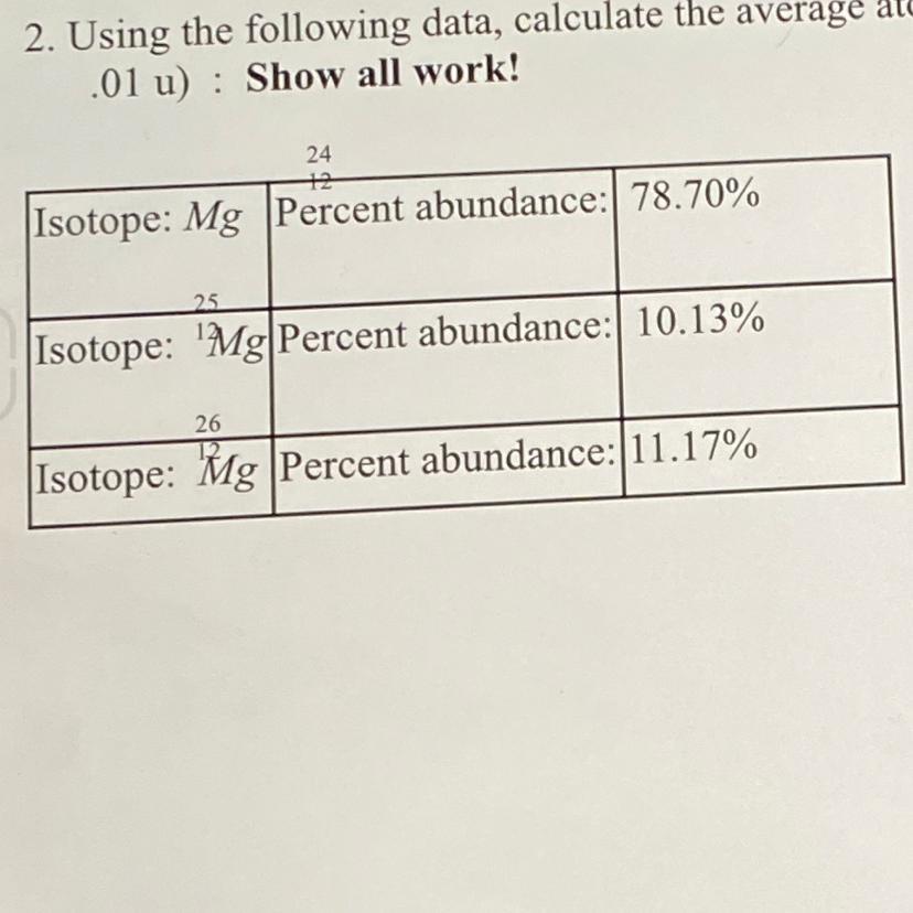 2. Using The Following Data, Calculate The Average Atomic Mass Of Magnesium (give Your Answer To The