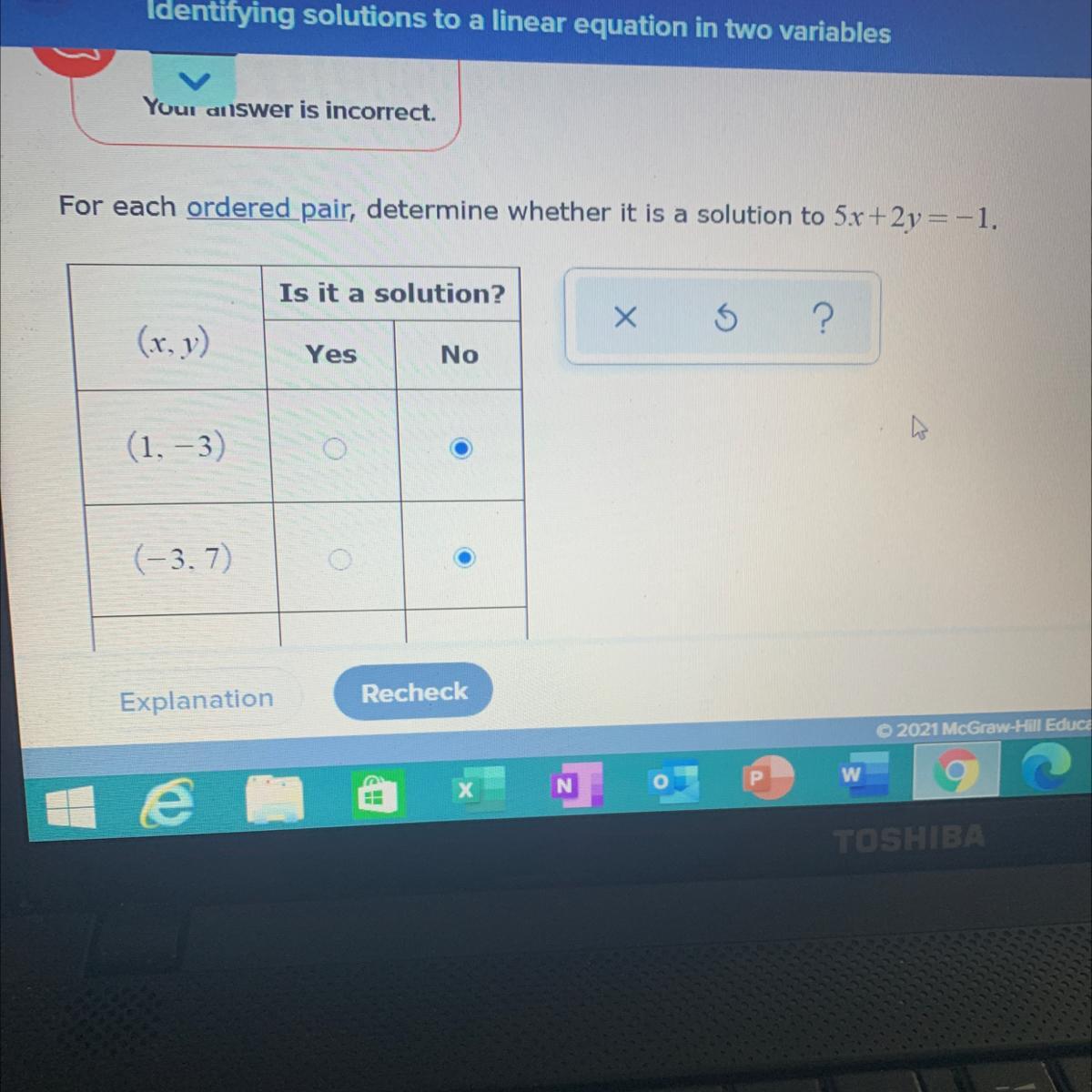 For each ordered pair, determine whether it is a solution to 5x +2y = -1.