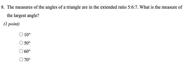 The measures of the angles of a triangle are in the extended ratio 5:6:7. What is the measure of the