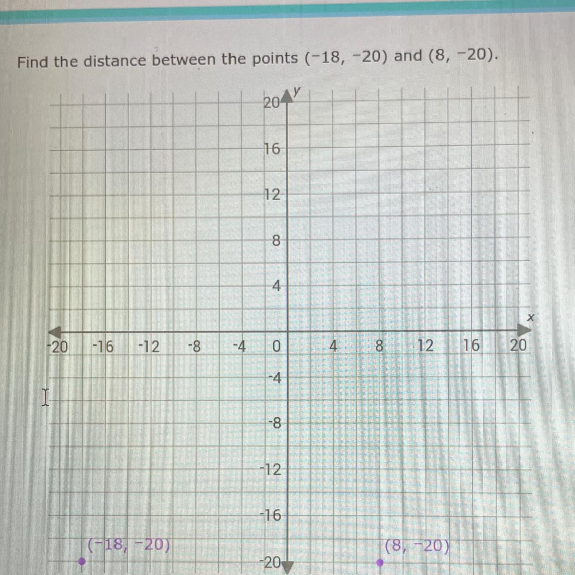 Find the distance between the points (-18, -20) and (8, -20).