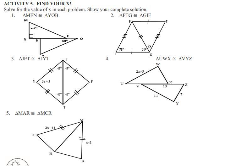 solve for the value of x in each of problem. show your complete solution
