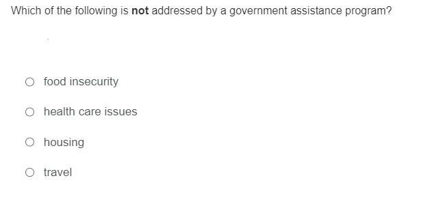 Which of the following is not addressed by a government assistance program?A. food insecurityB. health