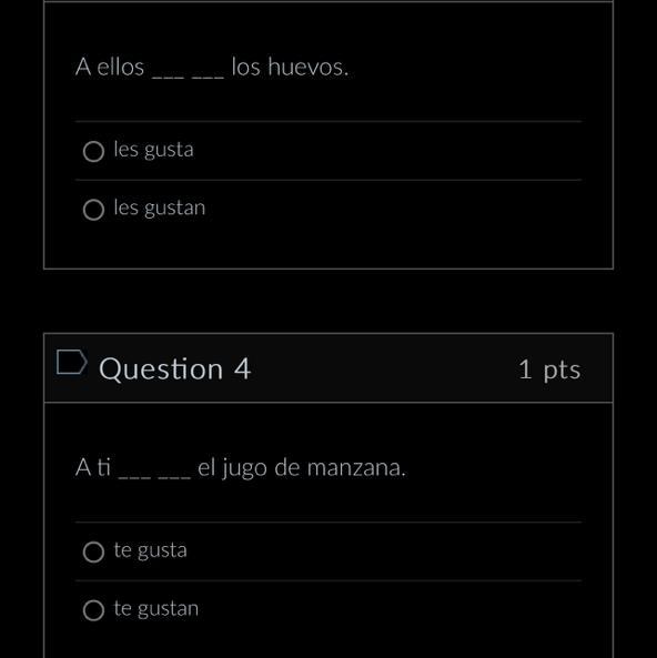 Select the correct pronoun and form of gustar/encantar based on each sentence. Ej. gusta, gustan, encanta,