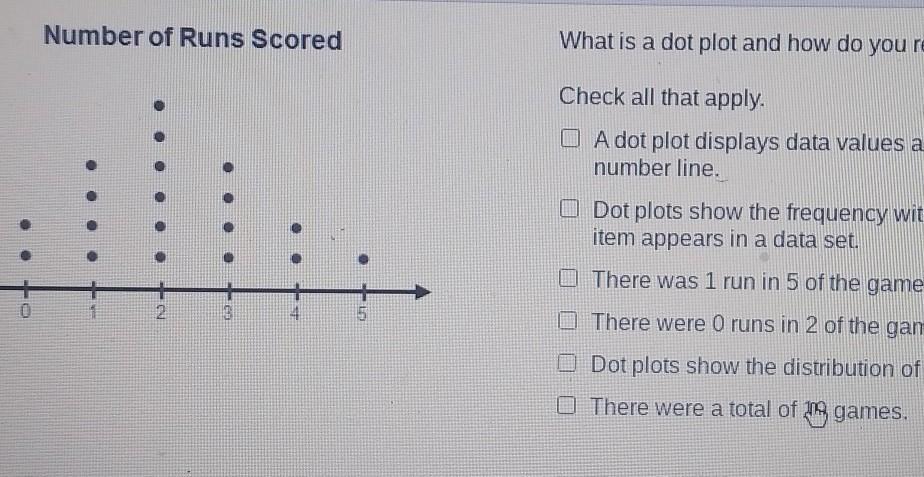 What is a dot plot and how do you read it? Check all that apply. O A dot plot displays data values as