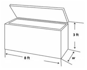 A freezer is shaped like a rectangular prism. It has a length of 8 feet and a height of 3 feet. The volume