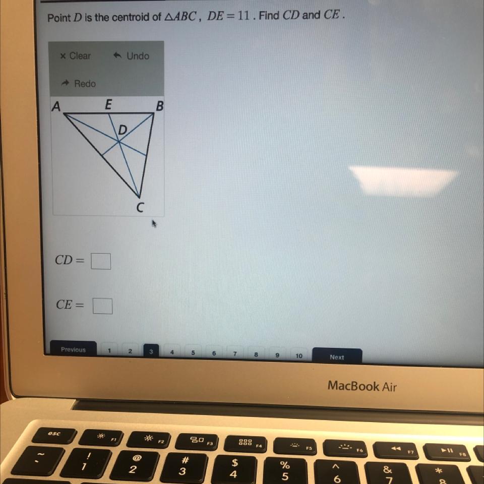Point D is the centroid of ABC DE=11. Find CD and CE.