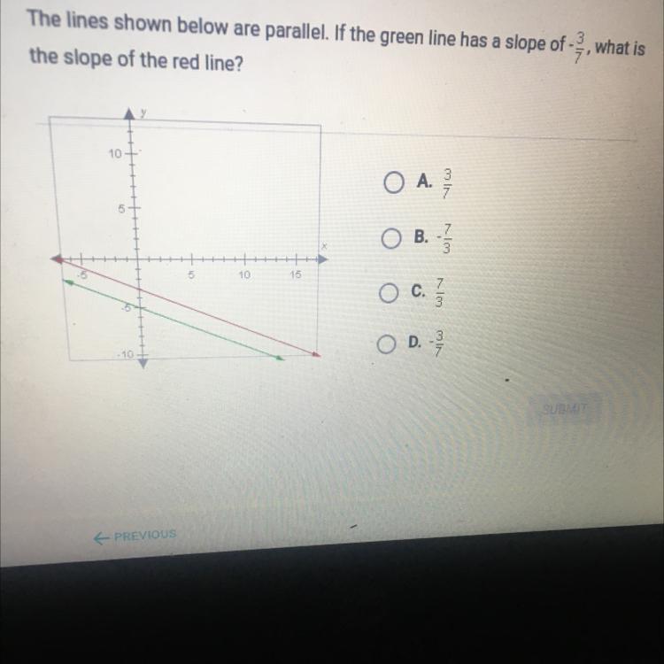 The lines shown below are parallel. If the green line has a slope of -, what isthe slope of the red line?10O