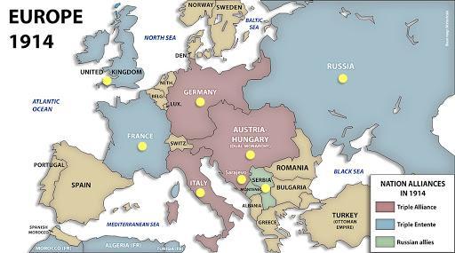 Austria-Hungary declared war on Serbia in July 1914. Use the map to explain how this could lead to widespread