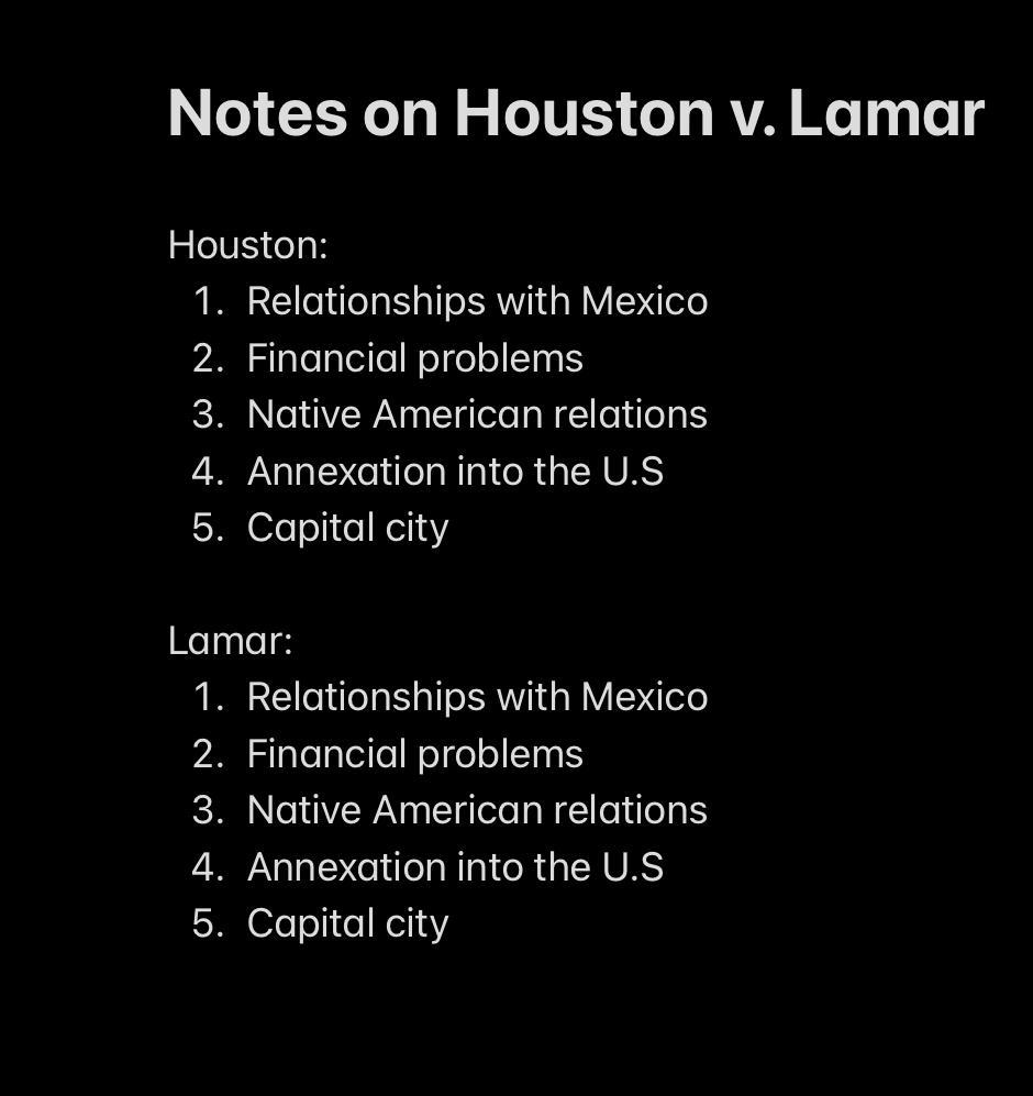 Need help taking notes on Houston and Lamar, got a essay due for it unfortunately. I would like if anyone