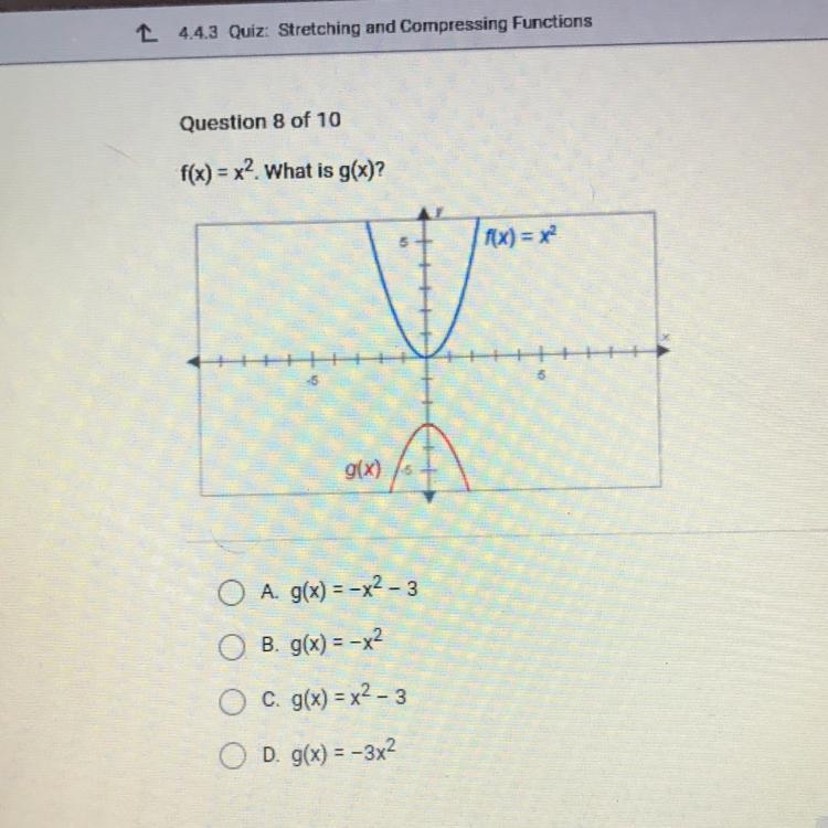 f(x) = x2. What is g(x)?f(x) = x2g(x)OA. g(x) = -x2 - 3B. g(x) = -x2C. g(x) = x2 - 3D. g(x) = -3x2