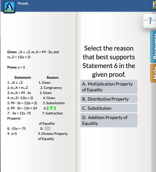 select the reason that best supports statement 6 in the given proof please help me image attached