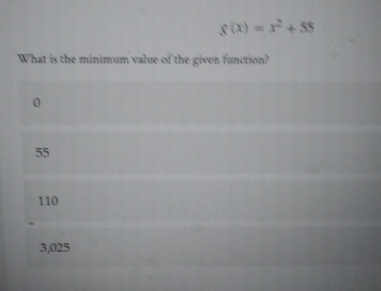 g(x) = x^2 + 55 What is the minimum value of the given function?