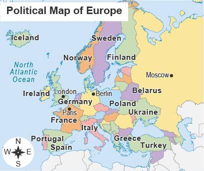 The map shows Europe.A map titled Political Map of Europe. Each country is shaded with a different color.What