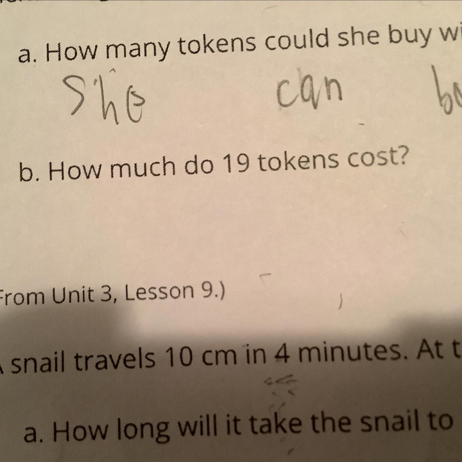 Elena bought 8 tokens for 4.40$ at this rate:How much will 19 tokens cost?