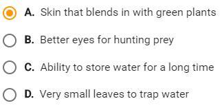 Which would be an adaptation in a rainforest, but not in a desert? (Photo below, also, C is an obvious