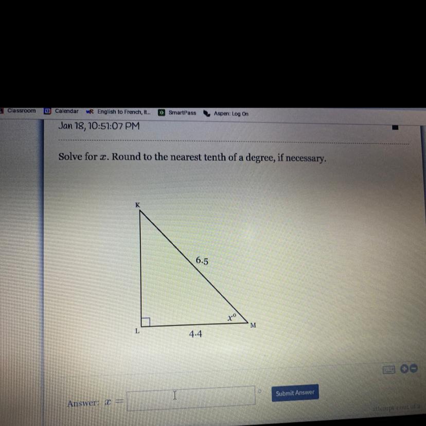 Solve for x. Round to the nearest tenth of a degree, if necessary.