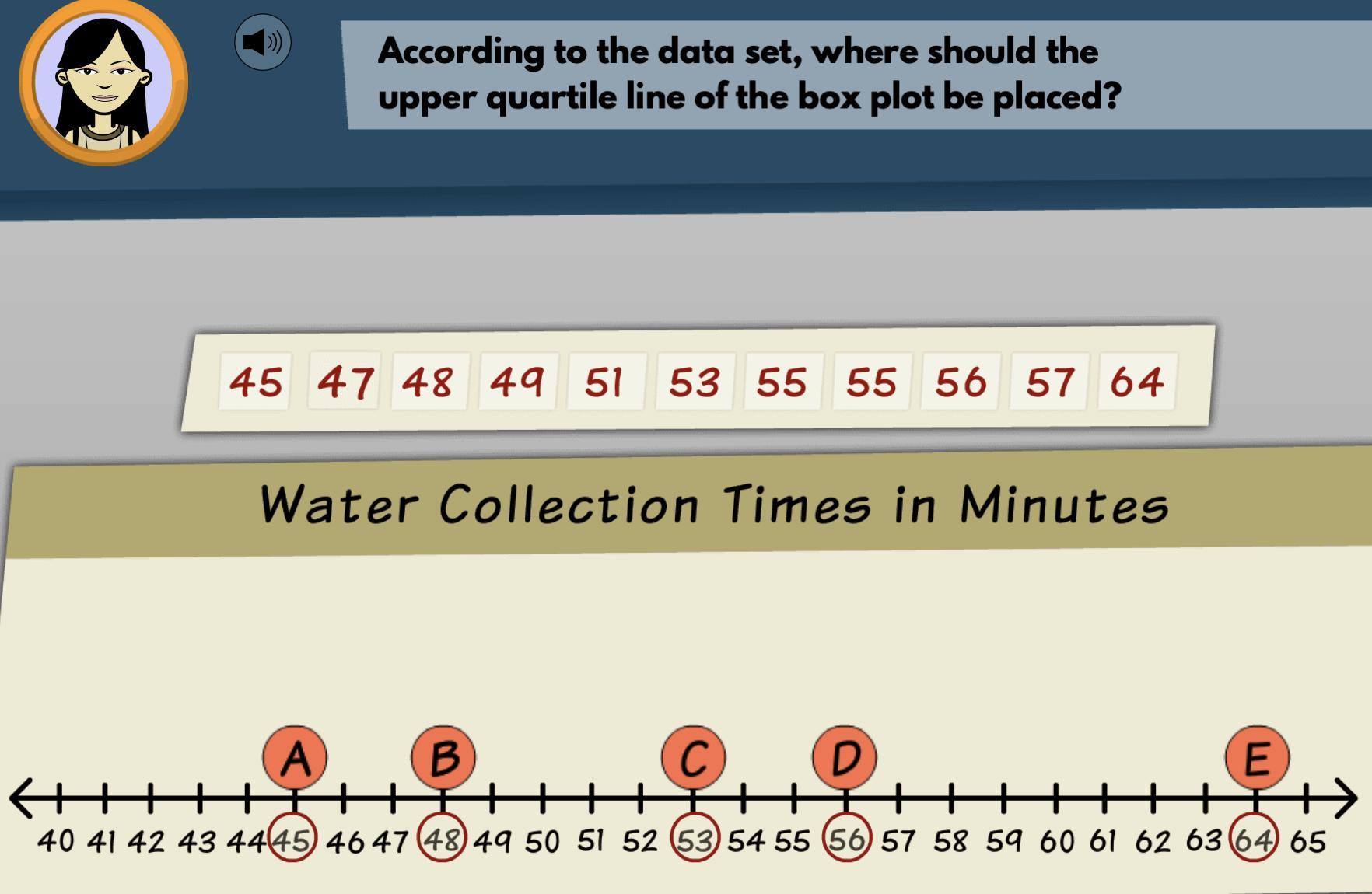According to the data set, where should the upper quartile line of the box plot be placed?45 47 48 49