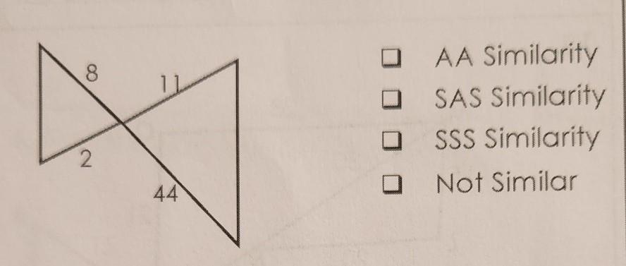 Determine whether the triangles are similar by AA similarity, SAS similarity, SSS similarity, or not