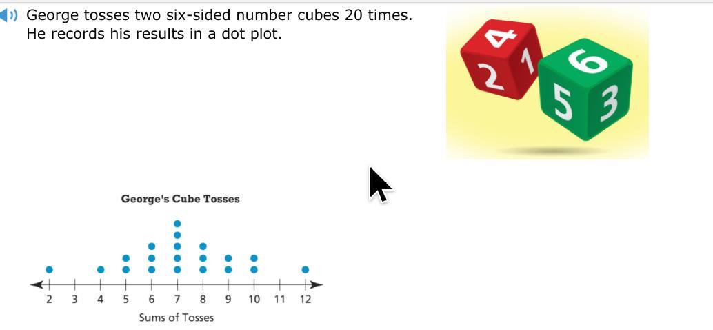(there's two parts to it) (part one) George tosses two six-sided number cubes 20 times. He records his