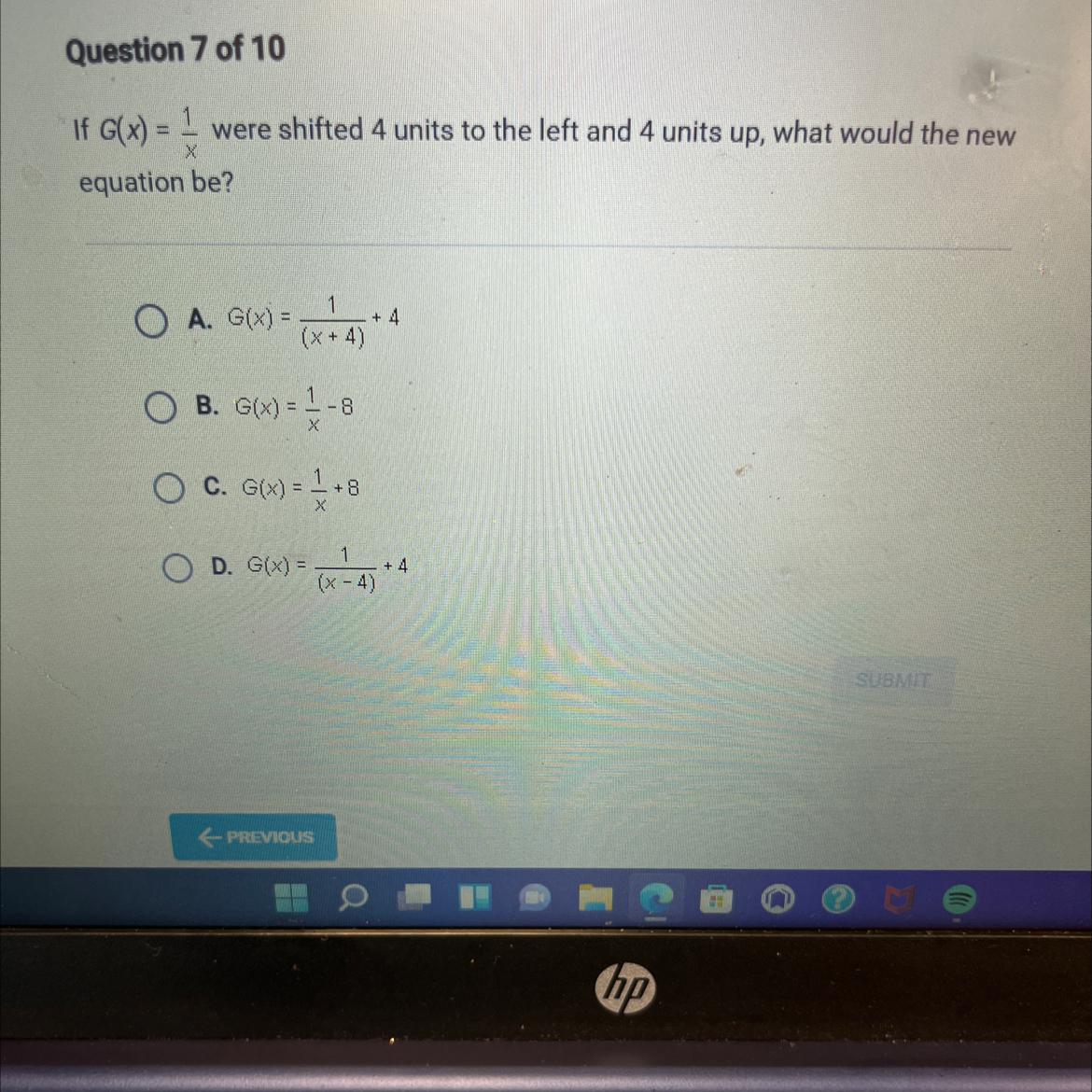 If G(x) = 1/x Were Shifted 4 Units To The Left And 4 Units Up , What Would The New Equation Be?