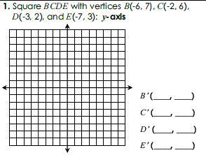 Square BCDE with vertices B(-6, 7), C(-2, 6),D(-3, 2), and E(-7, 3): y-axis