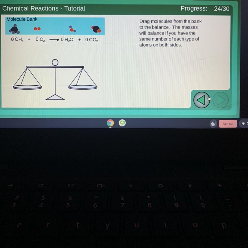 Chemical Reactions - TutorialMolecule BankDrag molecules from the bankto the balance. The masseswill