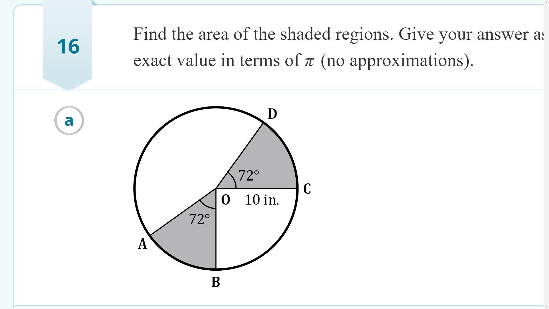 50 pts!!! Find the area of the shaded regions. Give your answer as a completely simplified exact value