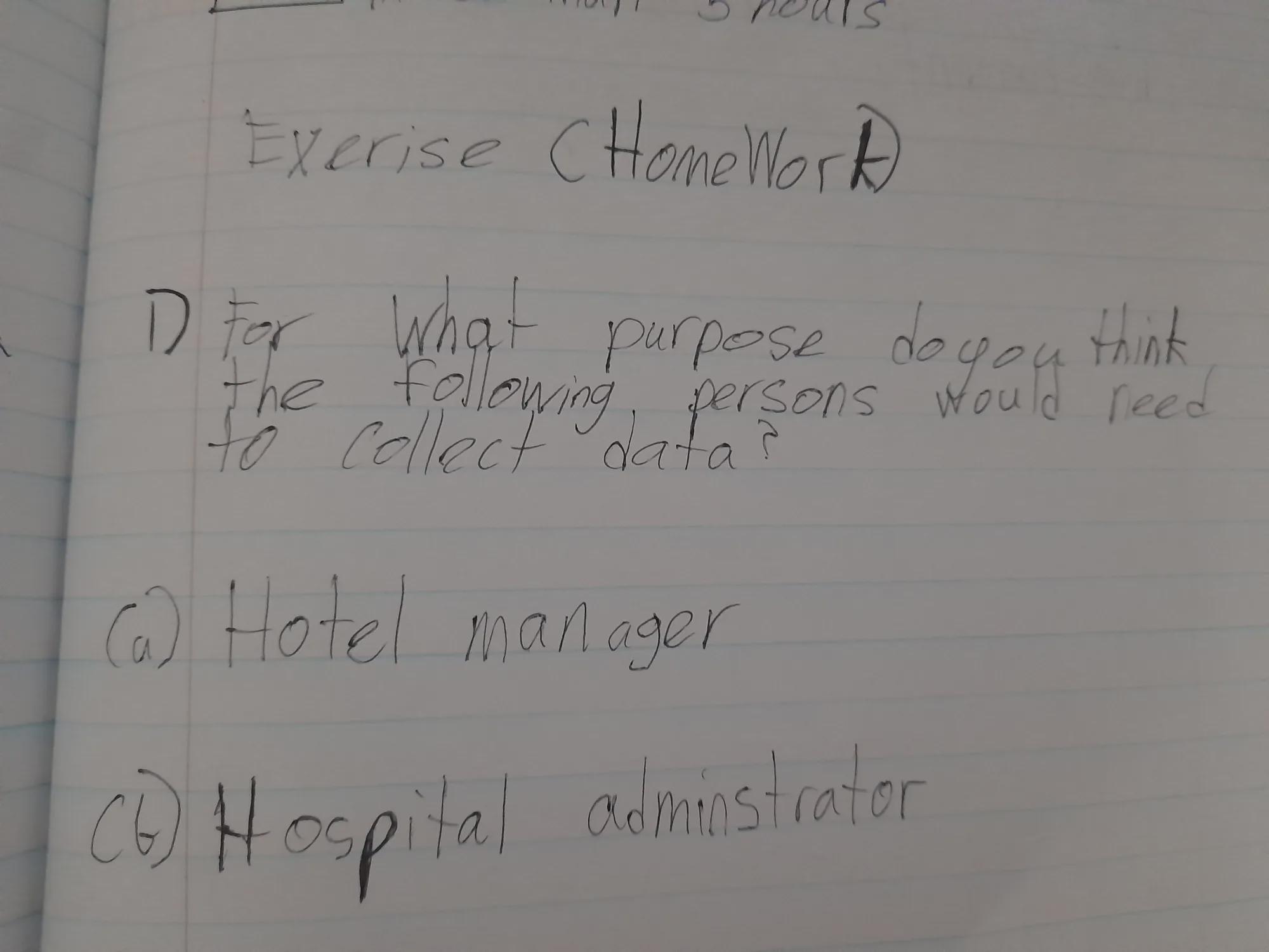 For what purpose do you think the following persons would need to collect data for Hotel Manager and