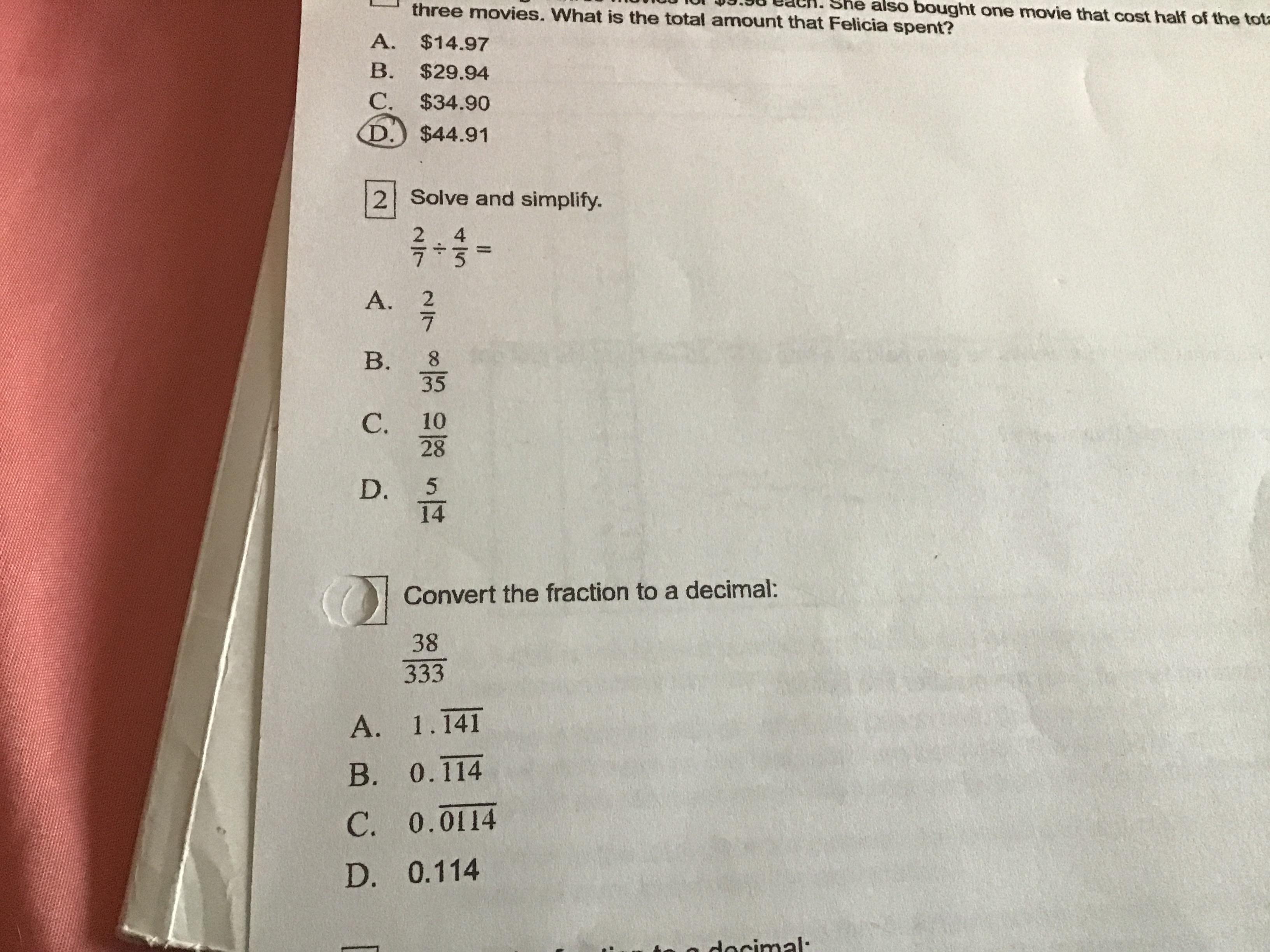 PLEASE HELP!! 3 IN 1 1.solve and simplify 2/7 Divided by 4/52. Convert the fraction to a decimal 38/3333.