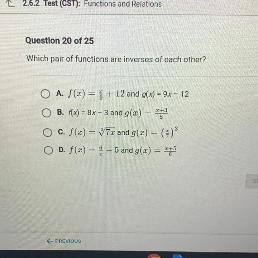 Please HELPWhich pair of functions are inverses of each other?A. f(x) = 6 + 12 and g(x) = 9x - 12B. f(x)