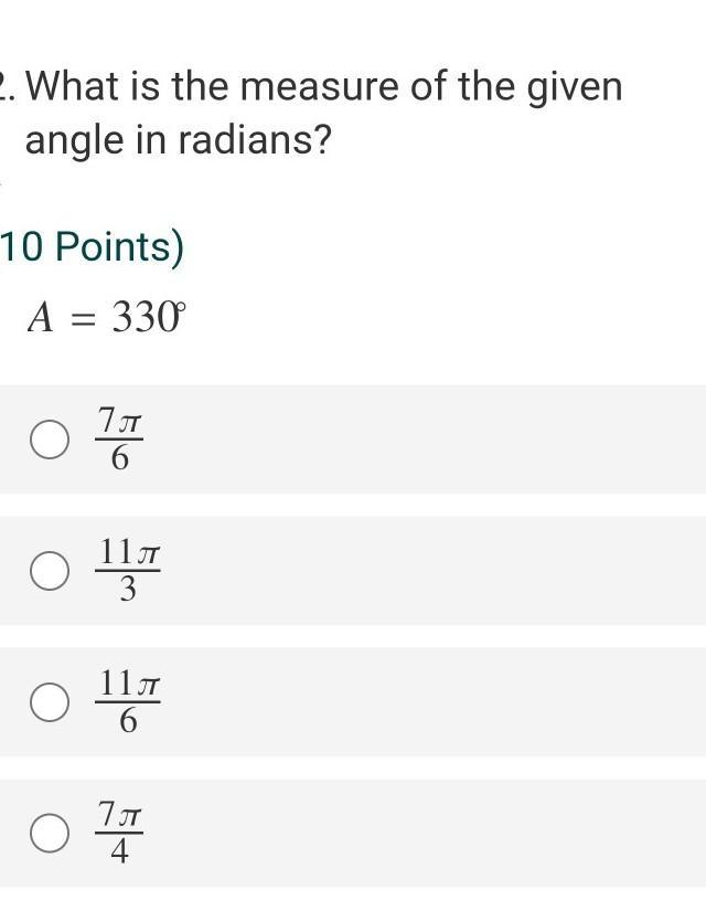 What is the measure of the given angle in radians