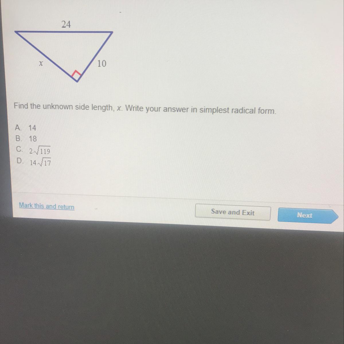 Find The Unknown Side Length, X. Write Your Answer In Simplest Radical Form