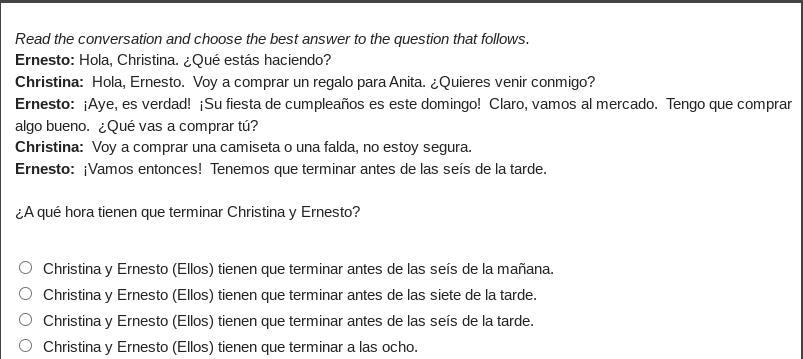 A qu hora tienen que terminar Christina y Ernesto?