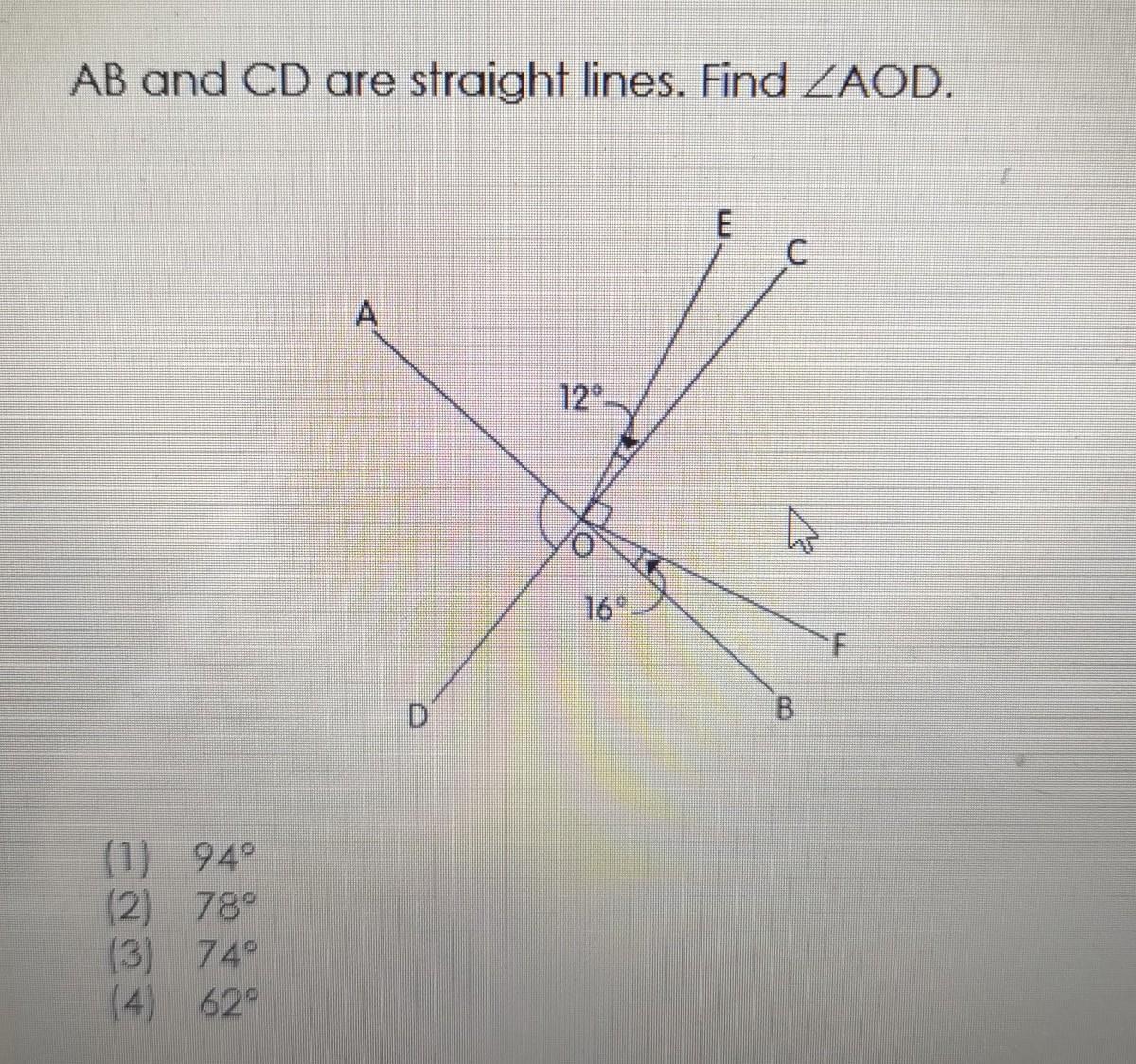 AB and CD are straight lines. Find AOD.