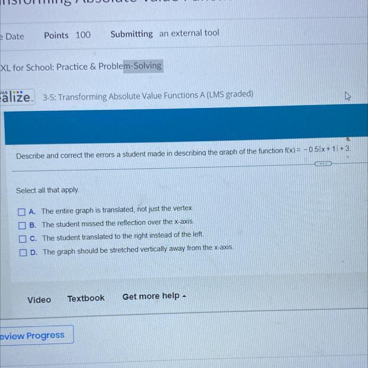 Describe and correct the errors a student made in describing the graph of the function f(x) = -0.5|x+1|